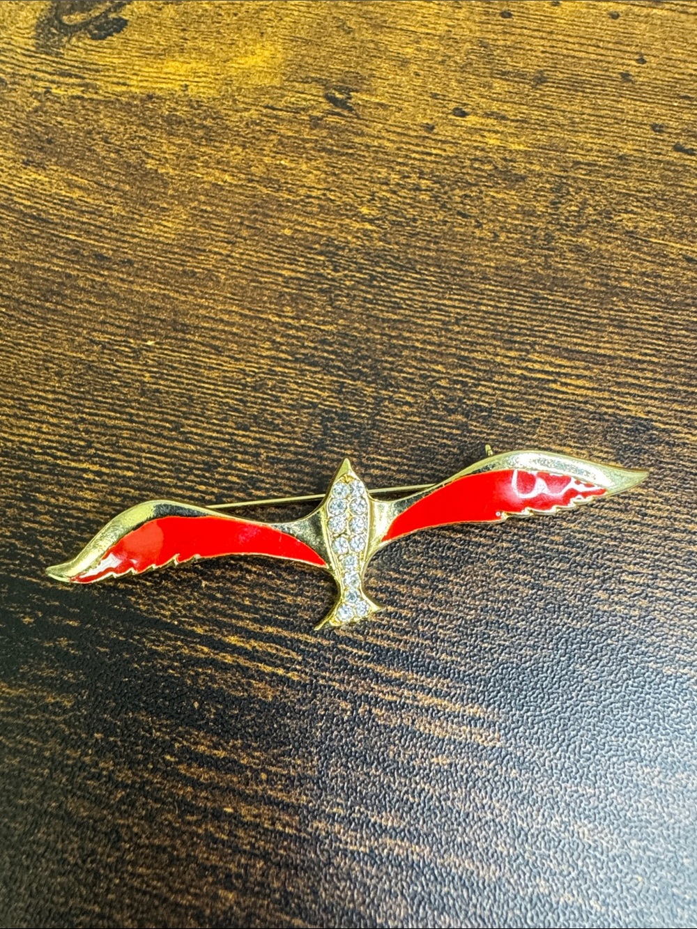 Vintage Red Enamel Winged Bird Brooch with Gold-Tone and Clear Crystals